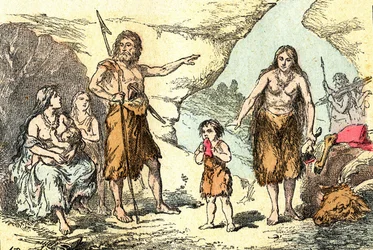 Uma família na época das renas (Prehistoire): Criação natural e seres vivos. Desenho de A. Demarle. 1885