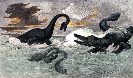 Período Lias (Jurássico Inferior): Plesiossauro e Ictiossauro, criação natural e seres vivos (de Jules Rengade) Desenho de A. Demarle. 1885
