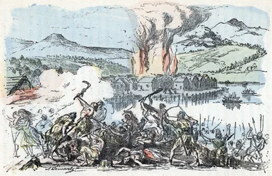 Pré-história: cena de guerra no início da idade do ferro, fogo dos assentamentos de stilt house (casa de pernilongos) Gravação de "La nature et l