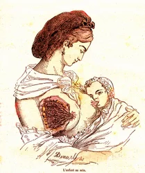 A criança no peito (Vida normal e saúde de J. Rengade) - Amamentação. Desenho de A. Demarle 1881