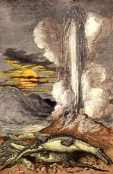 Erupções venenosas de águas termais no período triásico. A criação e os seres vivos (de Jules Rengade). Desenho de A. Demarle. 1885