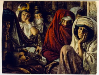 Ilustração de Dinet de "Mirages" Cenas da vida árabe. 1906. Mirages, Scenes De La Vie Arab foi ilustrado por Etienne Dinet com comentários de Silman Ben Ibrahim Bamer. Nasreddine Dinet nasceu como Alphonse-Etienne Dinet; (1861-1929) foi um francês