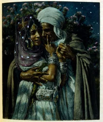 Ilustração de Dinet de "Mirages" Cenas da vida árabe. 1906. Mirages, Scenes De La Vie Arab foi ilustrado por Etienne Dinet com comentários de Silman Ben Ibrahim Bamer. Nasreddine Dinet nasceu como Alphonse-Etienne Dinet; (1861-1929) foi um francês