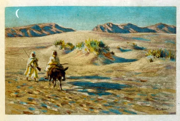 Ilustração de Dinet de "Mirages" Cenas da vida árabe. 1906. Mirages, Scenes De La Vie Arab foi ilustrado por Etienne Dinet com comentários de Silman Ben Ibrahim Bamer. Nasreddine Dinet nasceu como Alphonse-Etienne Dinet; (1861-1929) foi um francês