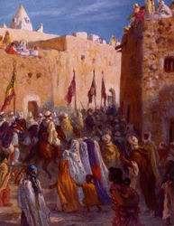 Ilustração retratando guerreiros árabes muçulmanos deixando uma cidade para embarcar na Jihad ou Guerra Santa. por Nasreddine Dinet (Alphonse-Étienne Dinet). 1861 1929. um pintor orientalista francês. 1918.