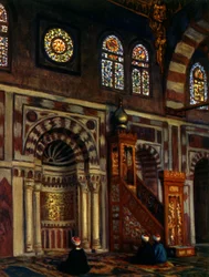 Interior de uma mesquita com um Mihrab. de Nasreddine Dinet (Alphonse-Étienne Dinet). 1861 1929. um pintor orientalista francês 1918