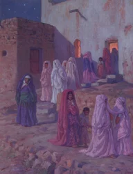 Muçulmanos deixando a mesquita da aldeia na véspera de Mouled, ilustração de uma história da vida do profeta Maomé, publicada em Paris em 1918