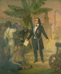 Joseph Napoleon Sebastien Sarda Garriga (1808-77) com o Decreto de Emancipação sobre La Reunion