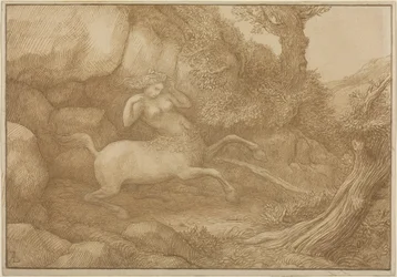 Mulher Centauro (caneta e tinta castanha sobre grafite em papel de cera)