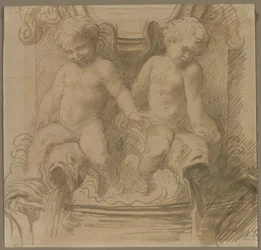 Fonte com golfinhos de montaria Putti