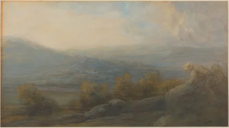 Paisagem montanhosa com duas figuras à direita