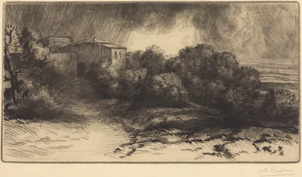 Vista de uma quinta durante uma tempestade