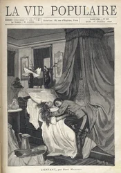 Um soldado desesperado abraçou o cadáver de uma mulher deitada numa cama. Ilustração de Alfons Maria Mucha (Alphonse Marie Mucha