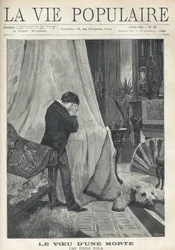 Um homem explora, escondendo as suas lágrimas e o seu rosto num lenço, de pé atrás da copa de uma cama, num quarto ricamente decorado, com pele de urso, almofadas bordadas, leque e vários vasos e candelabros. Ilustração de Alfons Maria Mucha (Alphonse Mar