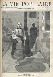 Uma jovem simples e distinta, de cabelo entrançado e segurando um guarda-chuva, caminha confiante na rua. Atrás dela, uma mulher vestida de negro e um carregador que transporta barris continuam o seu caminho. Ilustração de Alfons Maria Mucha (Alphonse