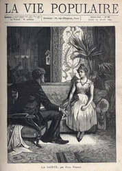 Uma jovem mulher, de aspecto doente, sentada num sofá, numa sala ricamente decorada, tem uma atitude tímida e conversa com um jovem vestido, sentado numa poltrona, vira-se para ela, o olhar empreendedor. Ilustração de Alphons Mucha (1860-1939),