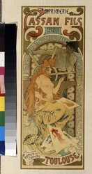 Cartaz publicitário para a tipografia ""Cassan Fils, impressão de luxo, artística e comercial"" em Toulouse. Pôster de Alfons Maria Mucha (Alphonse Marie Mucha