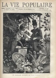 Um homem elegante compra flores numa florista. Ilustração de Alfons Maria Mucha (Alphonse Marie Mucha