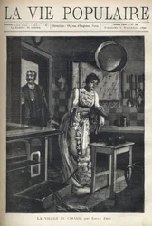 Uma mulher elegante depila um sapato na cozinha de uma casa. Um homem abre a porta atrás dela. Ilustração de Alfons Maria Mucha (Alphonse Marie Mucha