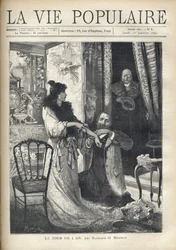 Um homem velho surpreende uma cena galante: um homem ajoelhado diante de uma mulher elegante prende uma pulseira ao pulso. Ilustração de Alfons Maria Mucha (Alphonse Marie Mucha