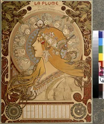 Calendário ""La Plume"", revista bimestral ilustrada do Salon des Cent. Biblioteca artística e literária. Obra de Alfons Maria Mucha (Alphonse Marie Mucha