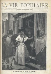 Adeus entre um homem e uma mulher entrando em um trem na plataforma de uma estação. Ilustração de Alfons Maria Mucha (Alphonse Marie Mucha