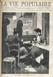 Em um restaurante, um homem e uma mulher estão separados e jantam. O rapaz de serviço está agachado perto do homem, instalando um tijolo quente debaixo dos seus pés. Ilustração de Alfons Maria Mucha (Alphonse Marie Mucha