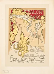 Reprodução de um cartaz publicitário da Salon des Cent Exposition no Hall de la Plume, 1896