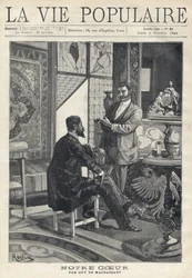 Dois homens, um sentado e o outro em pé, de frente um para o outro, estão em plena conversa, fumando cigarros em uma sala ricamente decorada (vitrais, móveis, objetos de arte). Ilustração de Alfons Maria Mucha (Alphonse Marie Mucha