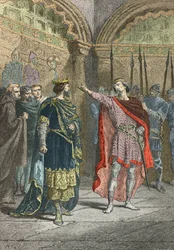 Adalberto comte de la marche desafia Hugues Capet que o fez rei (Gravura)