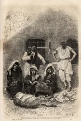 Trabalhadores búlgaros, perto de Sophia, gravando após o desenho de A. De Neuville, ilustrando a viagem à Bulgária, de Guillaume Lejean, em 1867, publicado em "Le tour du monde" 1873, editado por Edouard Charton, edição Hachette, Paris. Coleção Selva