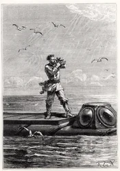 Capitão Nemo no topo do Nautilus, de &39;20, 000 Leagues Under the Sea &39;por Jules Verne (1828-1905) gravado por Henri Theophile Hildibrand (1824-97)
