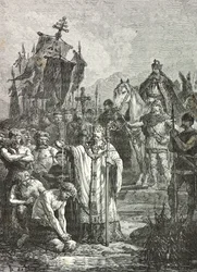 Carlos Magno, em 804, impõe o batismo cristão aos Saxões (Gravura)