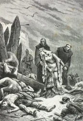 Edith com pescoço de cisne encontra o corpo do rei Haroldo no campo de batalha de Hastings em 1066 (gravura)