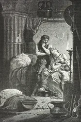 Eponine de Langres amamenta o filho de Julius Sabinus, numa gruta (Gravura)