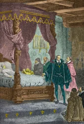 Gaspard de Coligny em frente ao leito de morte de François 2 em 1560 (Gravura)