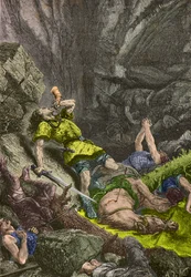 O cavaleiro Roland toca a sua trompa em Roncesvalles em 778 (Gravura)
