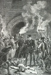 Massacre de Saint Barthelemy, o duque de Guise empurra o cadáver de Gaspard de Coligny com o pé (Gravura)