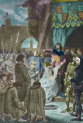 Philippa de Hainaut pede a Eduardo 3 de Inglaterra que poupe os burgueses de Calais em 1347 (gravura)