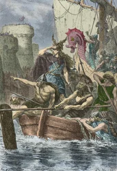Os barcos vikings de Rollon em frente às muralhas de Paris em 886 (Gravura)