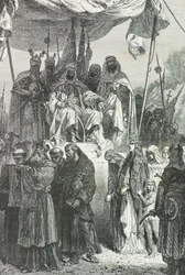 Saladino observa a saída dos cristãos de Jerusalém em 1187 (Gravura)