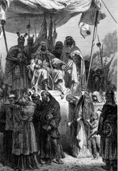 Os cristãos de Jerusalém partem antes de Saladino (1138-1193) (Salah al Din Yusuf al-Ayyyubi (al Ayyubi) após a captura da Cidade Santa - gravura de Neuville