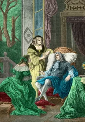 O duque de La Rochefoucauld em conversa com Madame de Sevigne e Madame de La Fayette (gravura)