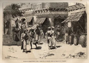 O cruzamento de Chandni chowk, a rua das tempestades de ouro, a principal arte das actividades comerciais e artesanais, que atravessa Dehli desde o grande portão do palácio até ao portão de Lahore, gravando após o desenho de A. de Neuville, ilustrando a vi