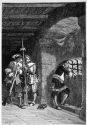 A máscara de ferro na sua cela da prisão da ilha Santa Marguerite - em "Histoire de France" de Guizot, gravada por De Neuville