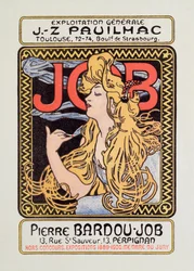 Cartaz publicitário para papel de cigarro Emprego criado por Alphonse Mucha (1860-1939) 1900 - Sol 12x8 cm Cartaz publicitário para papel de cigarro Emprego liberado por Alphonse Mucha, 1900 - Coleção particular
