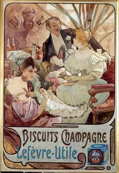 Art Nouveau: cartaz publicitário para biscoitos Champagne produzido por Lefevre Utile, de Alphonse Mucha (1860-1939) 1897 - Art Nouveau: cartaz publicitário para biscoitos Champagne produzido por Lefevre-Utile, de Alphonse Mucha (1860-1939) 1897