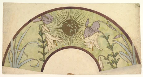 Design para um fã com sunburst, lírios e íris, final do século 19 - meados do século 20