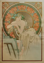 Mulher com papoilas e portfólio gráfico