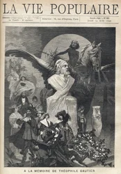 Na memória de Theophile Gautier (1811-1872). Em torno de um busto do escritor, os personagens vestidos de suas obras correm com tristeza e dignidade, sob o olhar de uma criança coroa de louros, montando um cavalo de asas. Ilustração de Alfons Maria Mucha (
